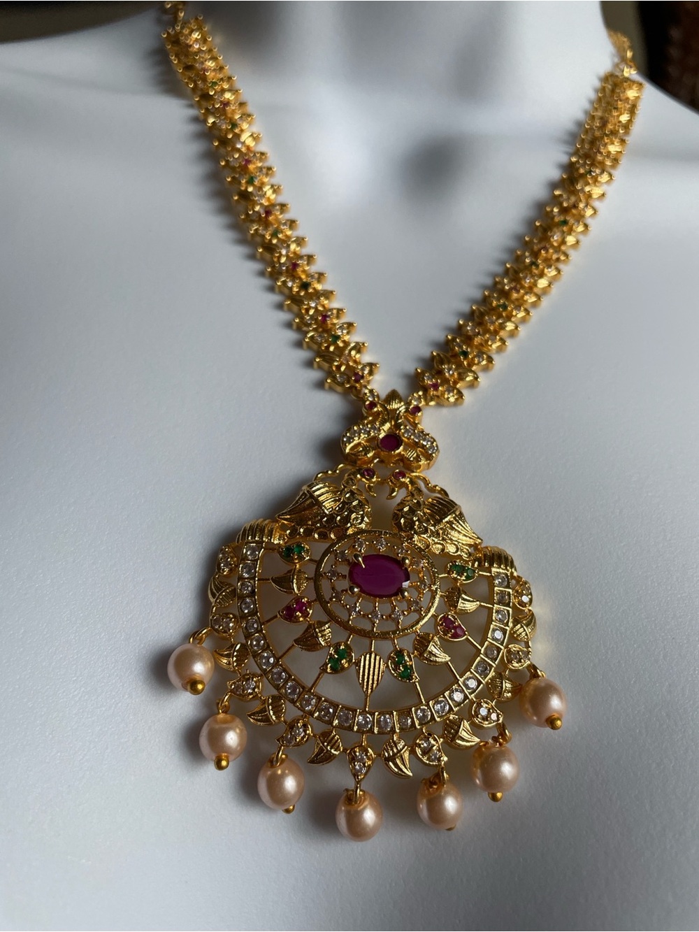 Gold-Tone Pendant Necklace with Pink Stones and Pearls
